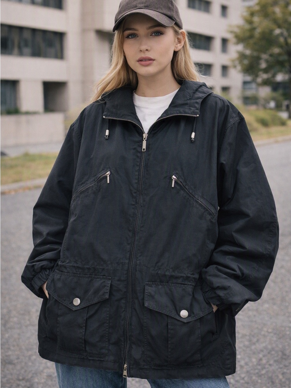 Vintage Y2K Eddie Bauer Black Anorak Jacket Sz M Pockets Hood Chore Full Zip